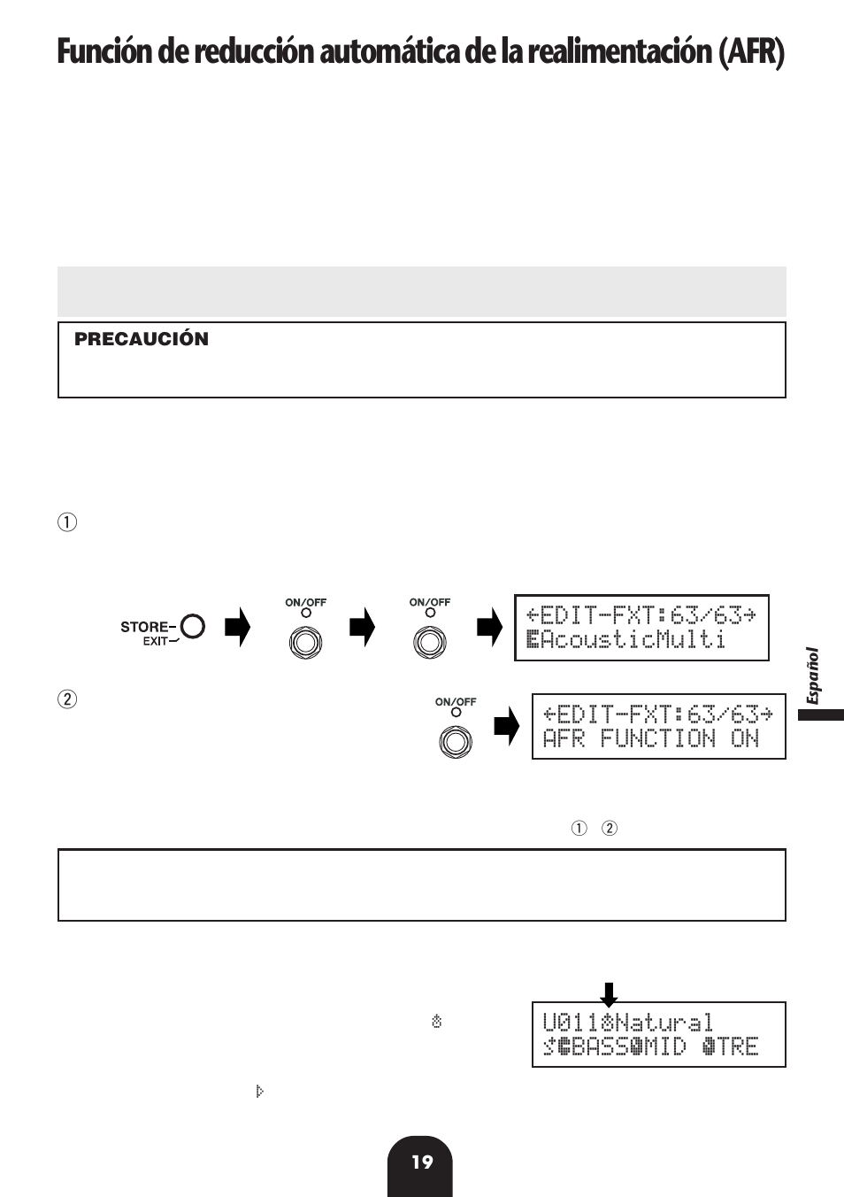 Activación de la función afr, Empleo de la función afr, U011«natural ó‡bassﬁmid 0 átre | Yamaha MagicStomp MK2 User Manual | Page 19 / 36