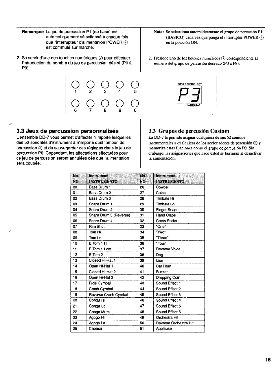 3 jeux de percussion personnalisés, 3 grupos de percusión custom, 3 jeux de percussion personnalisés.16 | Remarque, 0o o o o | Yamaha DD-7 User Manual | Page 10 / 23