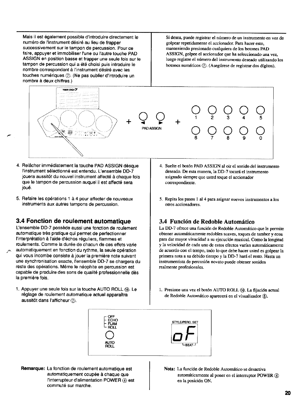 4 fonction de roulement automatique, 4 función de redoble automático, 4 fonction de roulement automatique.20 | 4 fundón de redoble automático, 0 o o o o, Nota | Yamaha DD-7 User Manual | Page 12 / 23