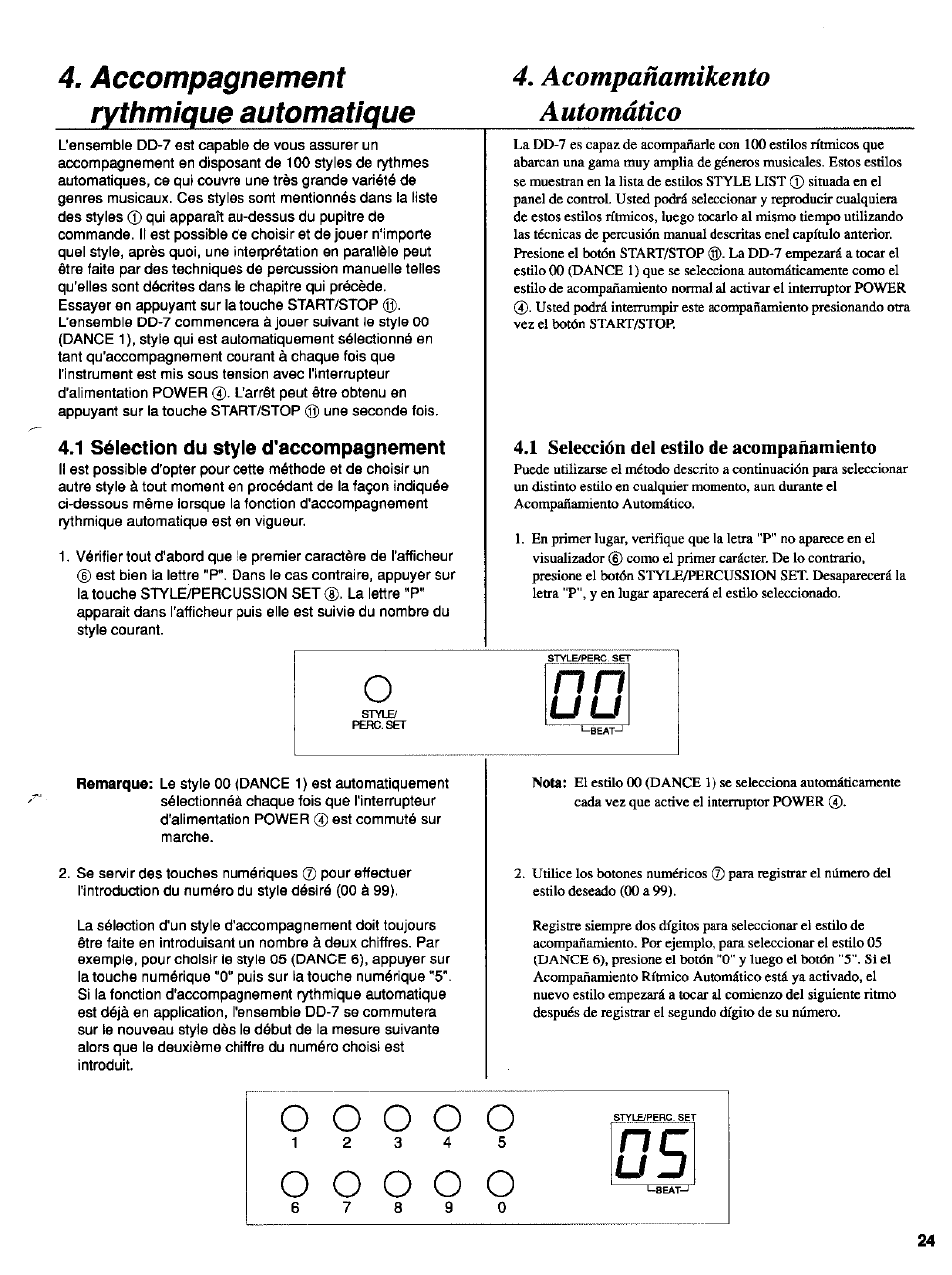 1 sélection du style d'accompagnement, 1 selección del estilo de acompañamiento, Acompañamikento automático | Accompagnement rythmipue automatique, Nota | Yamaha DD-7 User Manual | Page 14 / 23