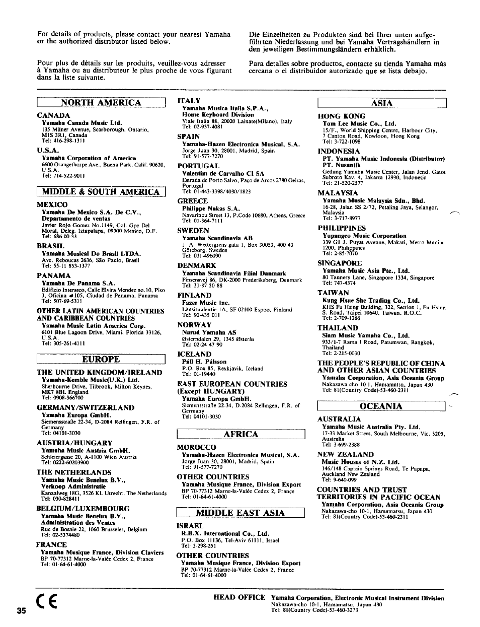 C.s.a, Middle, South america mexico | Brasil, Panama, Europe the united kingdom/ireland, Germany/switzerland, Austria/hungary, The netherlands, Belgium/luxembourg | Yamaha DD-7 User Manual | Page 20 / 23
