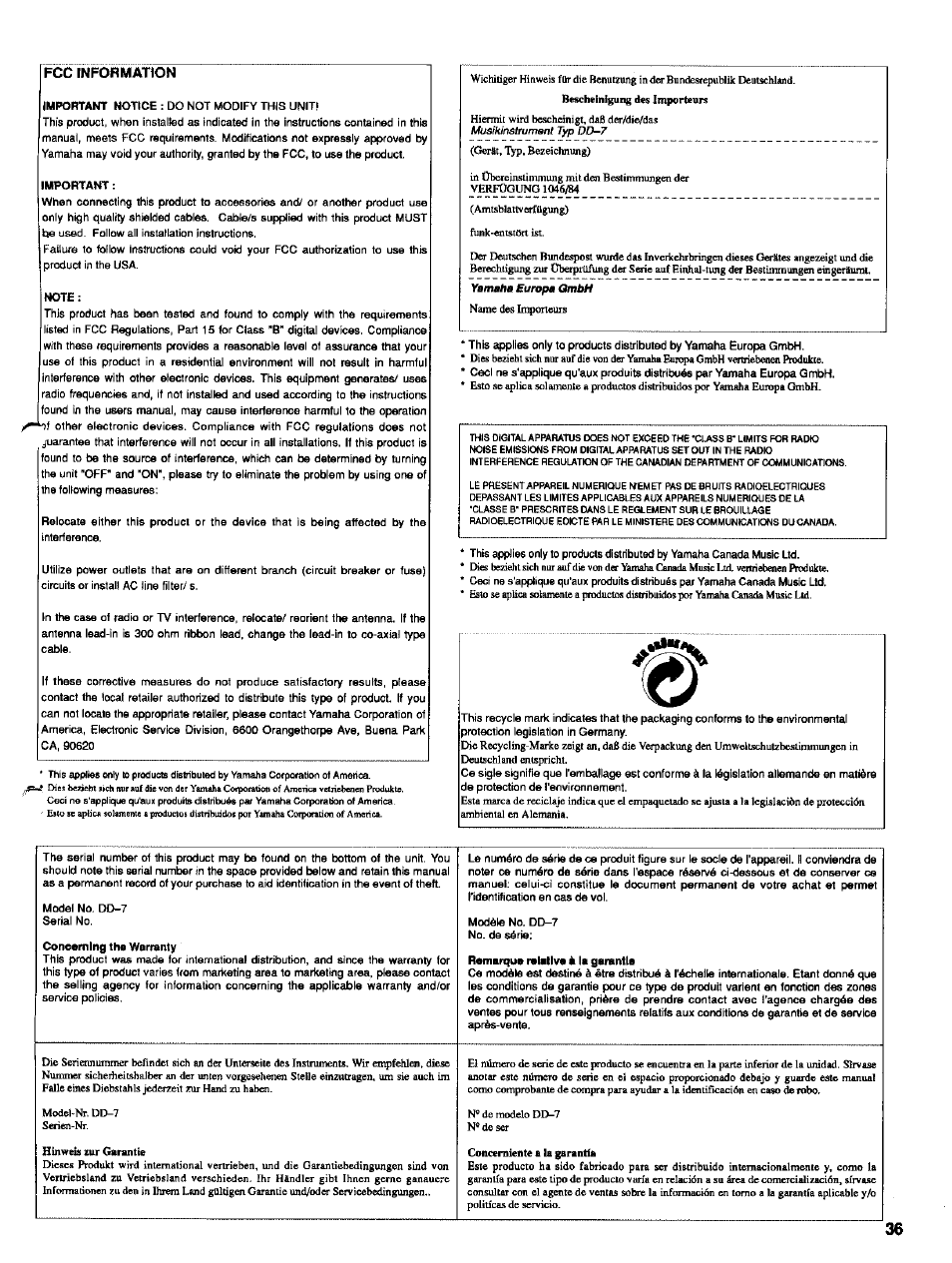 Hinweis zur garantie, Concerniente a la garantía, Fcc tnformatton | Important, Yamahb europa gmbh, Sigle signifie, L'emballage est conforme à, Législation allemande, Protection, L'environnement | Yamaha DD-7 User Manual | Page 21 / 23