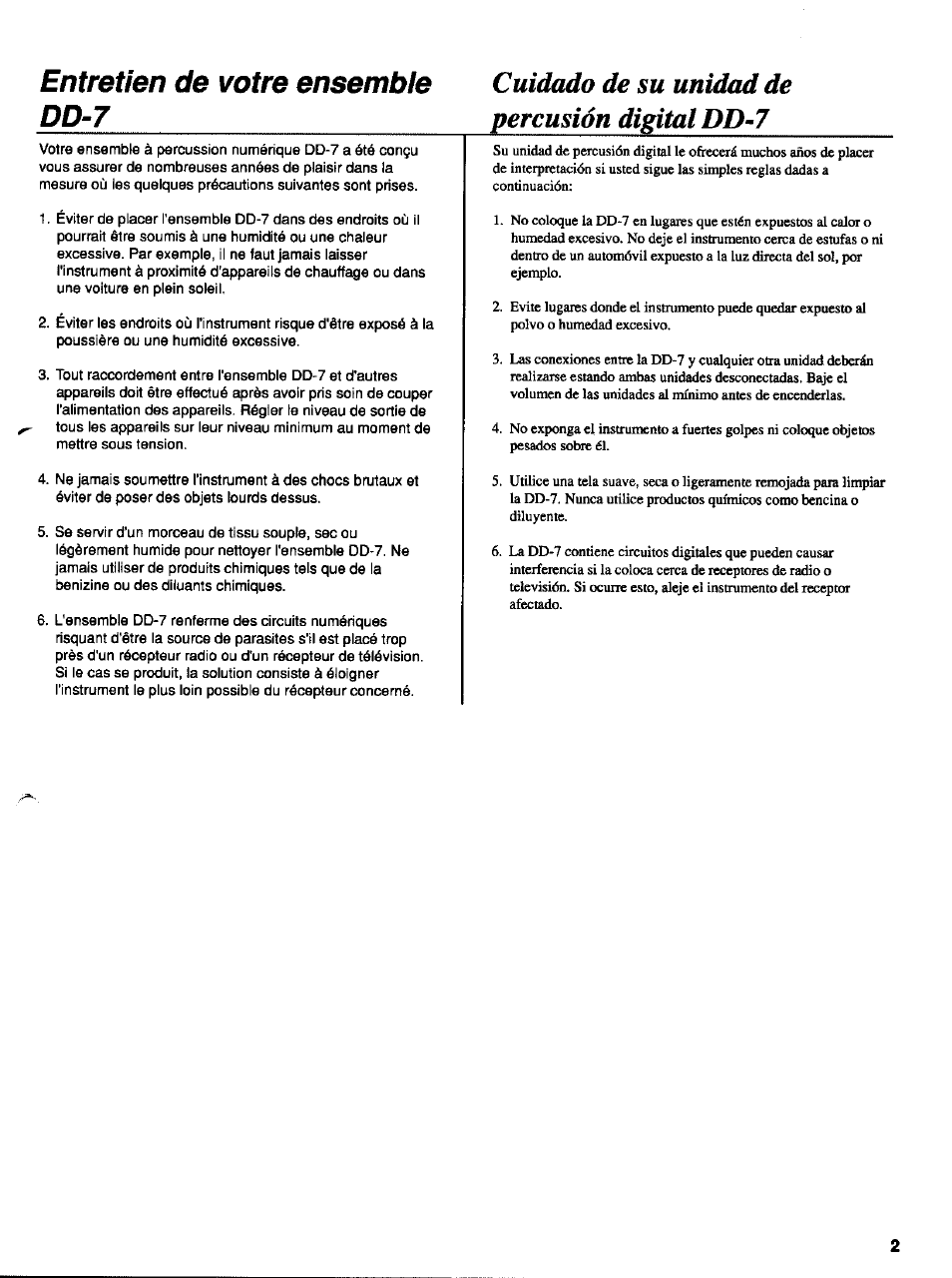 Cuidado de su unidad de percusión digital dd-7, Entretien de votre ensemble dd-7 | Yamaha DD-7 User Manual | Page 3 / 23