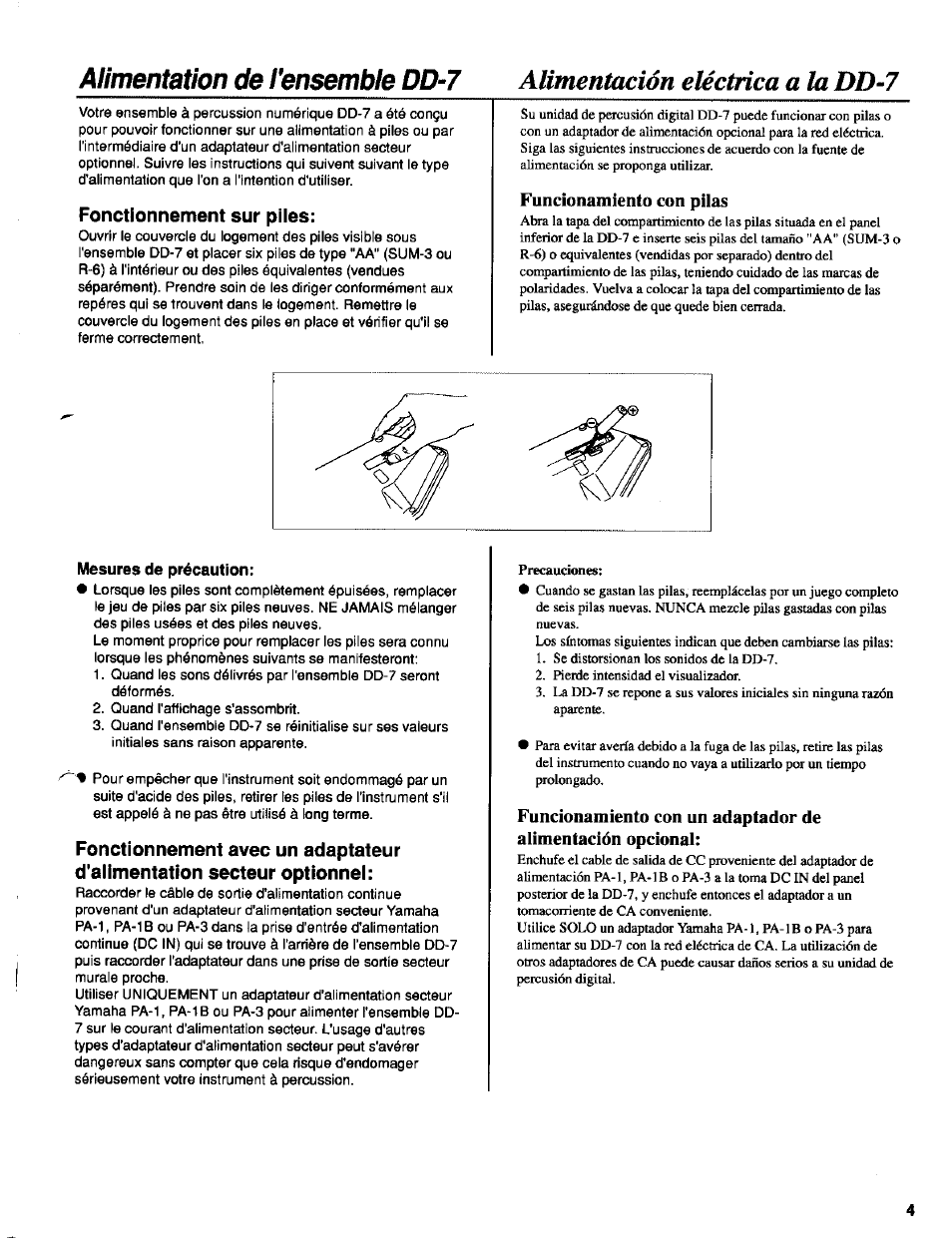 Fonctionnement sur piles, Mesures de précaution, Funcionamiento con pilas | Alimentación eléctrica a la dd-7, Alimentation de l'ensemble dd-7, Precauciones | Yamaha DD-7 User Manual | Page 4 / 23