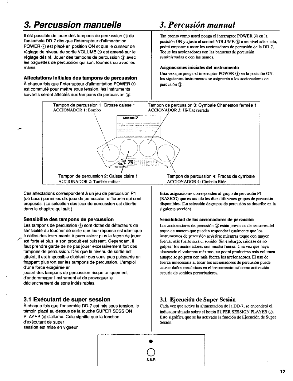 Affectations initiales des tampons de percussion, Asignaciones iniciales del instrumento, Sensibilité des tampons de percussion | 1 exécutant de super session, Sensibilidad de los accionadores de percusión, 1 ejecución de super sesión, 1 exécutant de super session.12, Percusión manual, Percussion manuelle | Yamaha DD-7 User Manual | Page 8 / 23