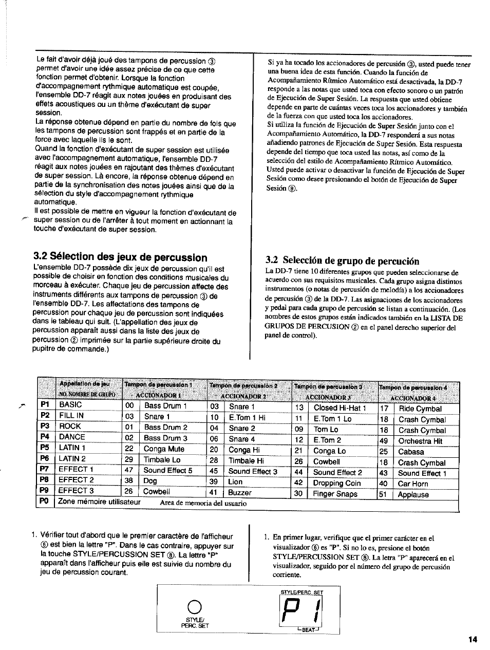 2 sélection des jeux de percussion, 2 selección de grupo de percucíón, 2 sélection des jeux de percussion.14 | 2 selección de grupo de percusión | Yamaha DD-7 User Manual | Page 9 / 23