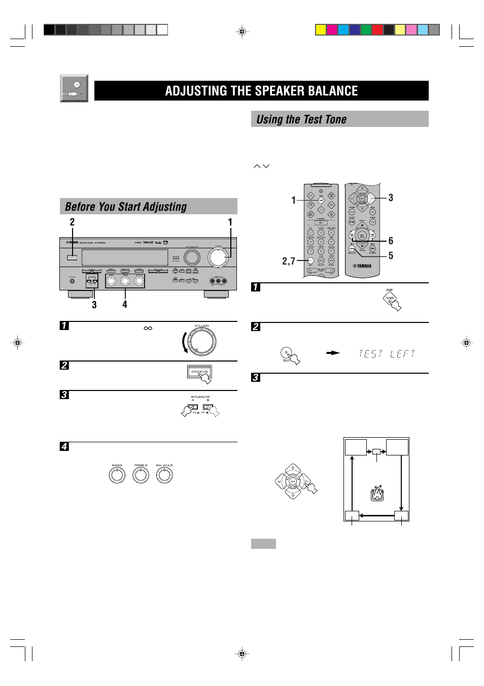 Adjusting the speaker balance, 18 using the test tone, Before you start adjusting 1 | Yamaha RX-V496RDS User Manual | Page 20 / 66