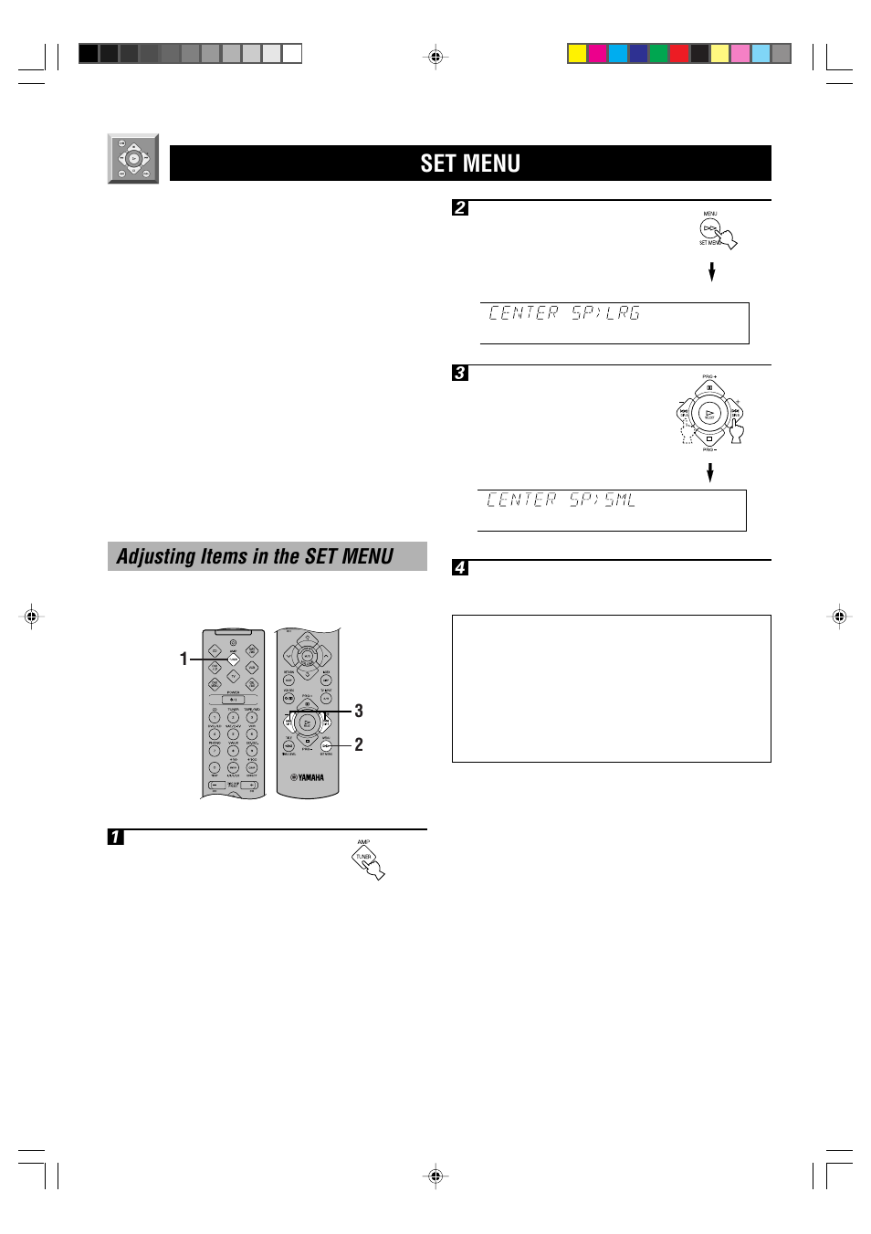 Set menu, Adjusting items in the set menu | Yamaha RX-V496RDS User Manual | Page 38 / 66