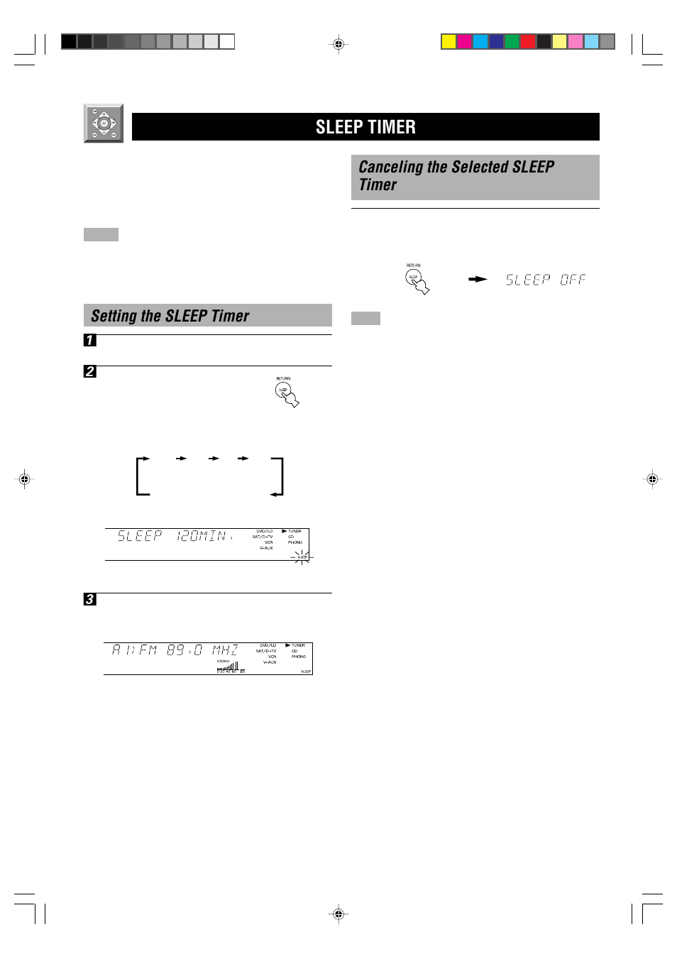 Sleep timer, Canceling the selected sleep timer, Setting the sleep timer 1 | Yamaha RX-V496RDS User Manual | Page 44 / 66