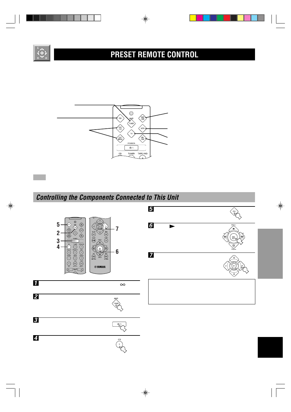 Preset remote control, Example: to control yamaha cd player | Yamaha RX-V496RDS User Manual | Page 45 / 66