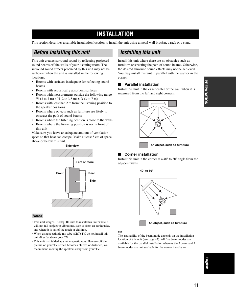 Installation, Before installing this unit, Installing this unit | Yamaha Digital Sound Projector YSP-1000 User Manual | Page 13 / 102