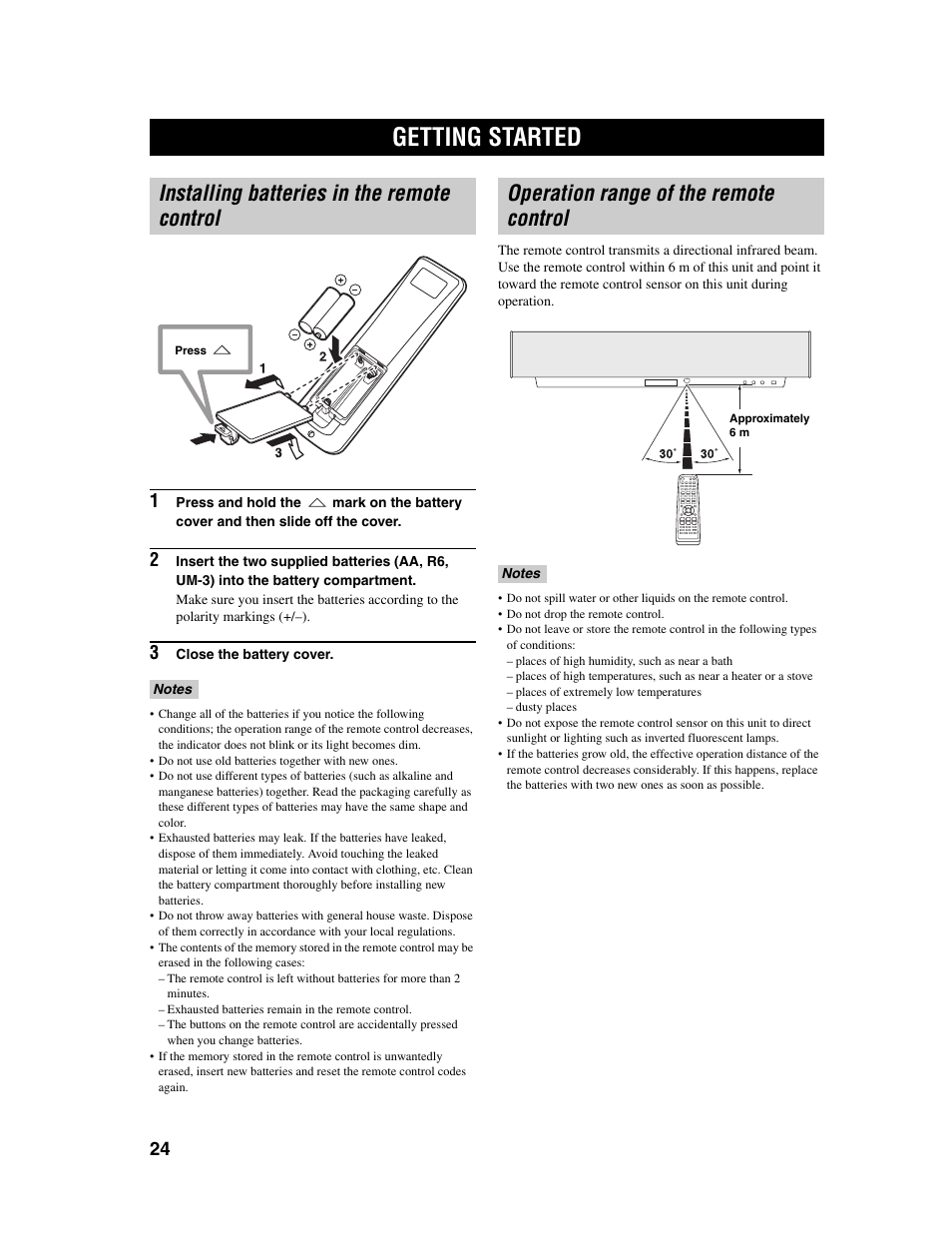 Getting started, Installing batteries in the remote control, Operation range of the remote control | Yamaha Digital Sound Projector YSP-1000 User Manual | Page 26 / 102