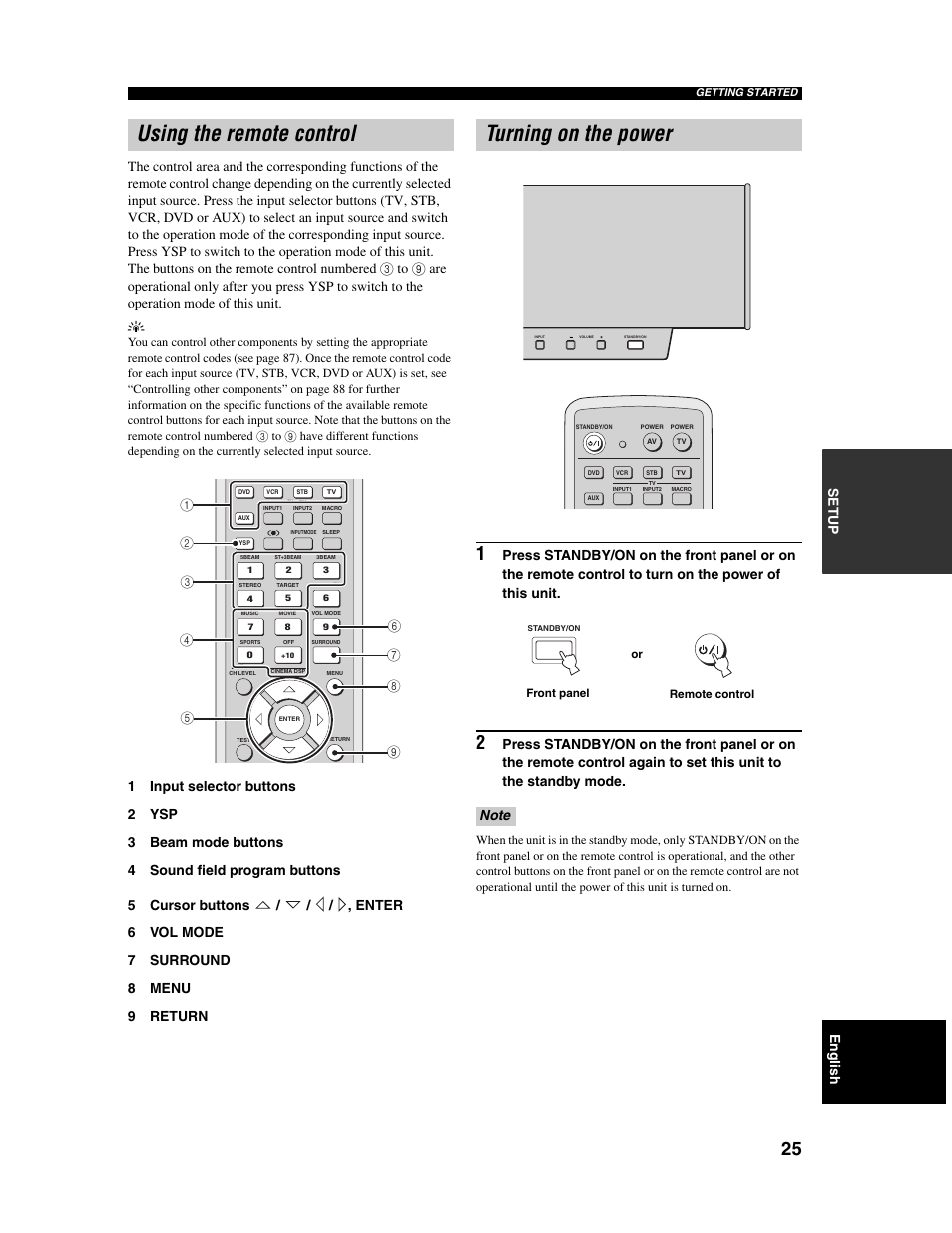 Using the remote control, Turning on the power | Yamaha Digital Sound Projector YSP-1000 User Manual | Page 27 / 102
