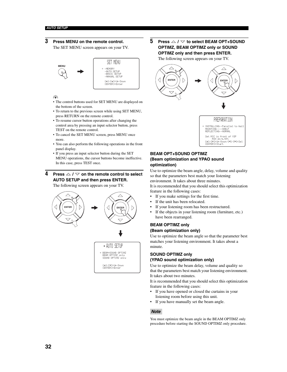 Set menu, Auto setup, Preparation | Yamaha Digital Sound Projector YSP-1000 User Manual | Page 34 / 102