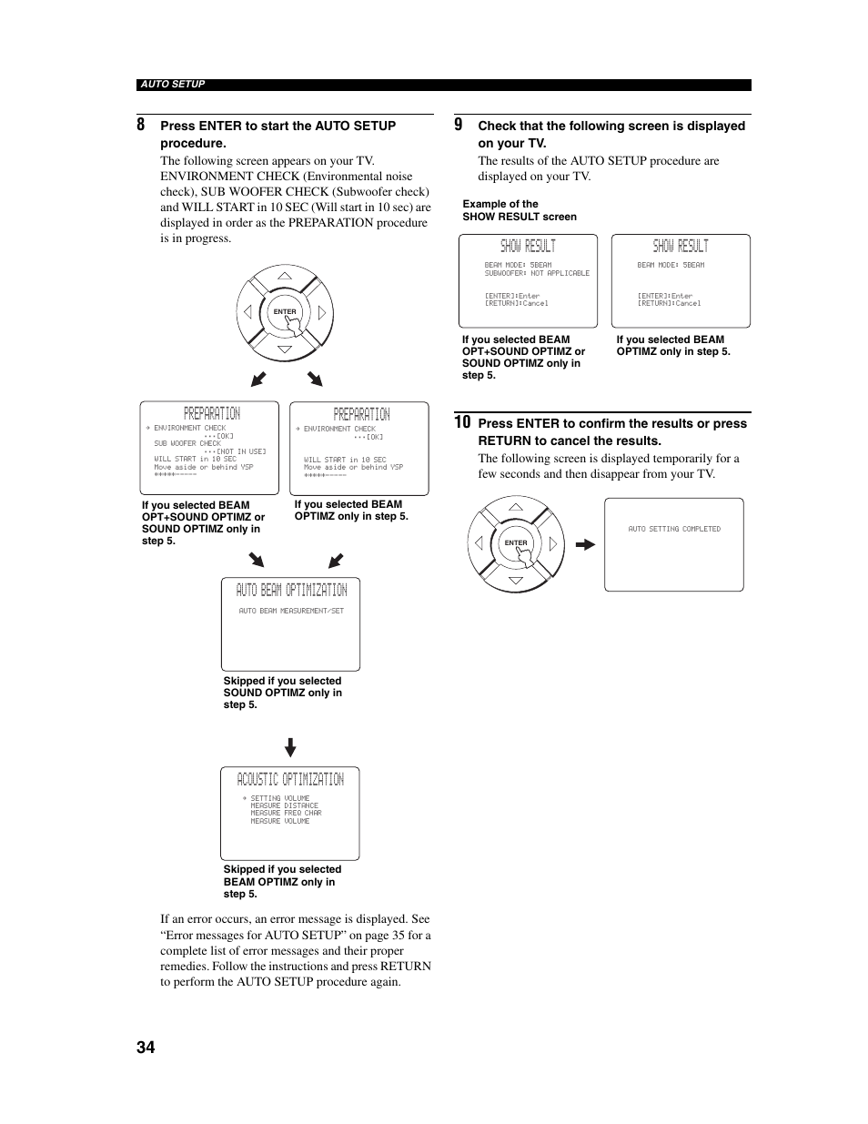 Preparation, Auto beam optimization, Acoustic optimization | Show result | Yamaha Digital Sound Projector YSP-1000 User Manual | Page 36 / 102