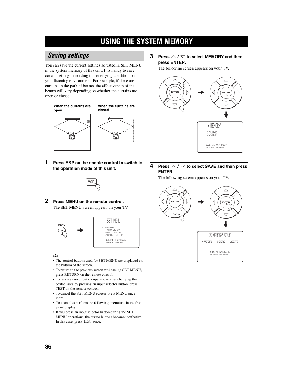 Saving settings, Set menu | Yamaha Digital Sound Projector YSP-1000 User Manual | Page 38 / 102