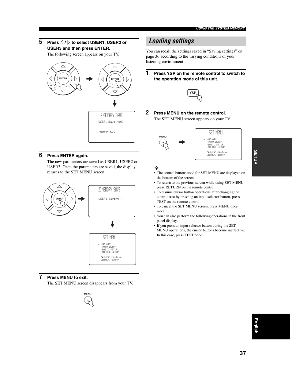 Loading settings, Set menu | Yamaha Digital Sound Projector YSP-1000 User Manual | Page 39 / 102