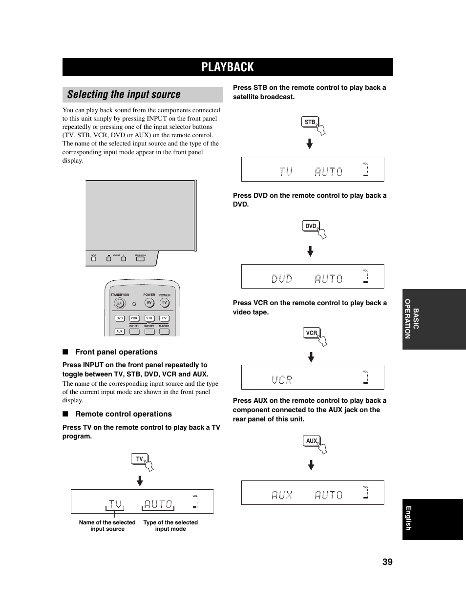 Playback, Selecting the input source, Front panel operations | Remote control operations | Yamaha Digital Sound Projector YSP-1000 User Manual | Page 41 / 102
