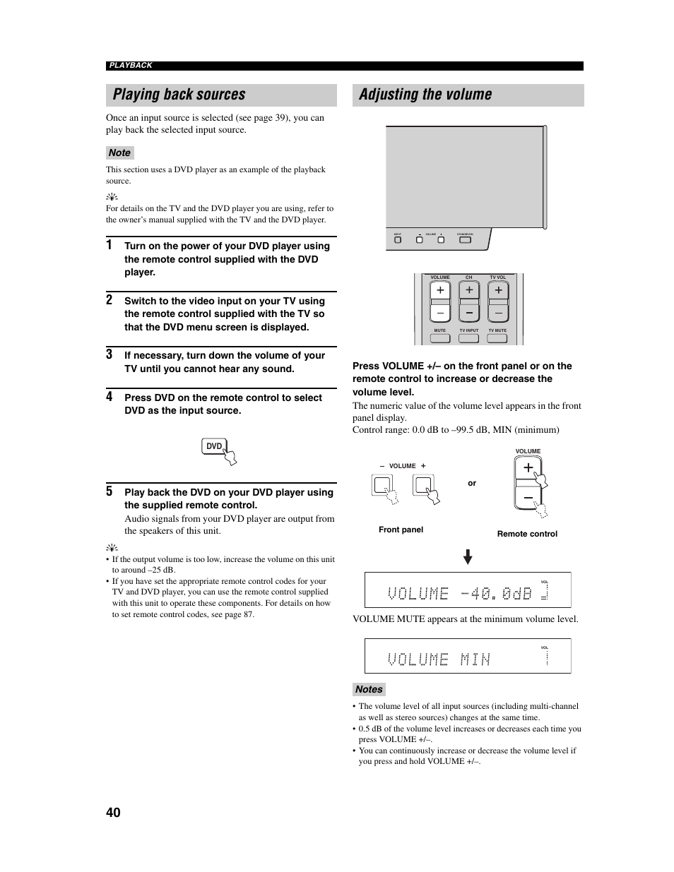 Playing back sources, Adjusting the volume | Yamaha Digital Sound Projector YSP-1000 User Manual | Page 42 / 102