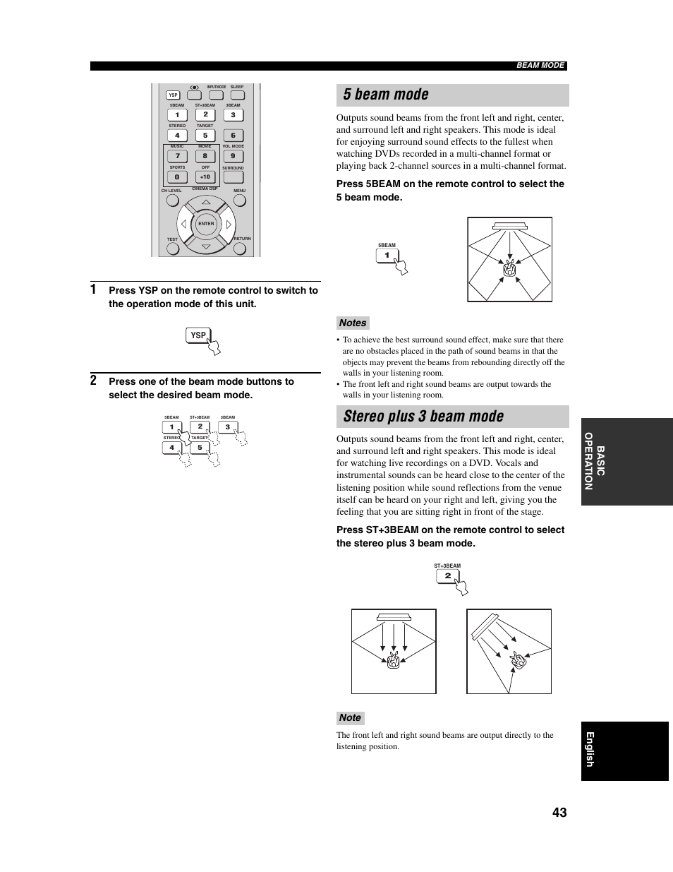 5 beam mode, Stereo plus 3 beam mode, Ba s ic op era t io n english | Yamaha Digital Sound Projector YSP-1000 User Manual | Page 45 / 102