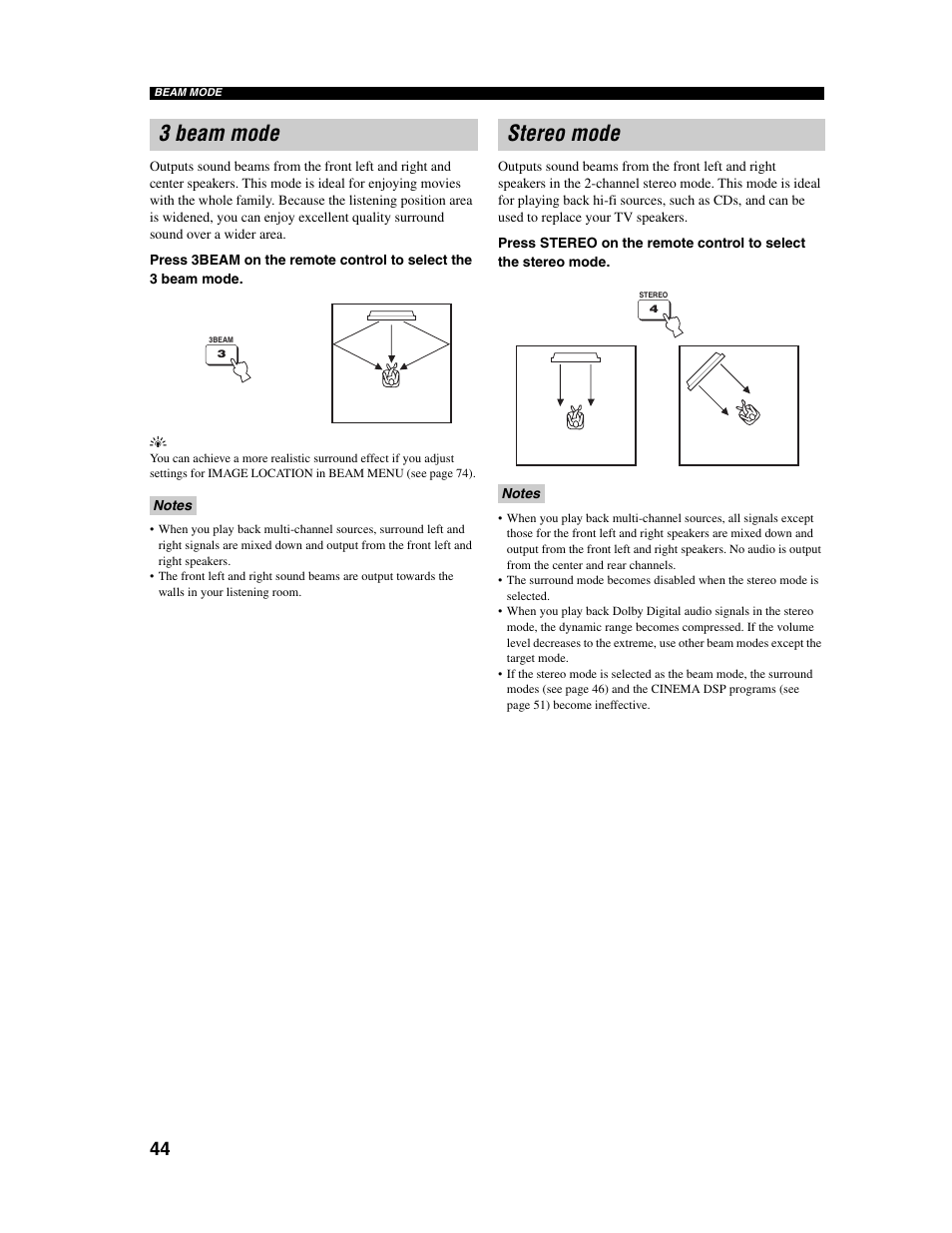 3 beam mode, Stereo mode | Yamaha Digital Sound Projector YSP-1000 User Manual | Page 46 / 102