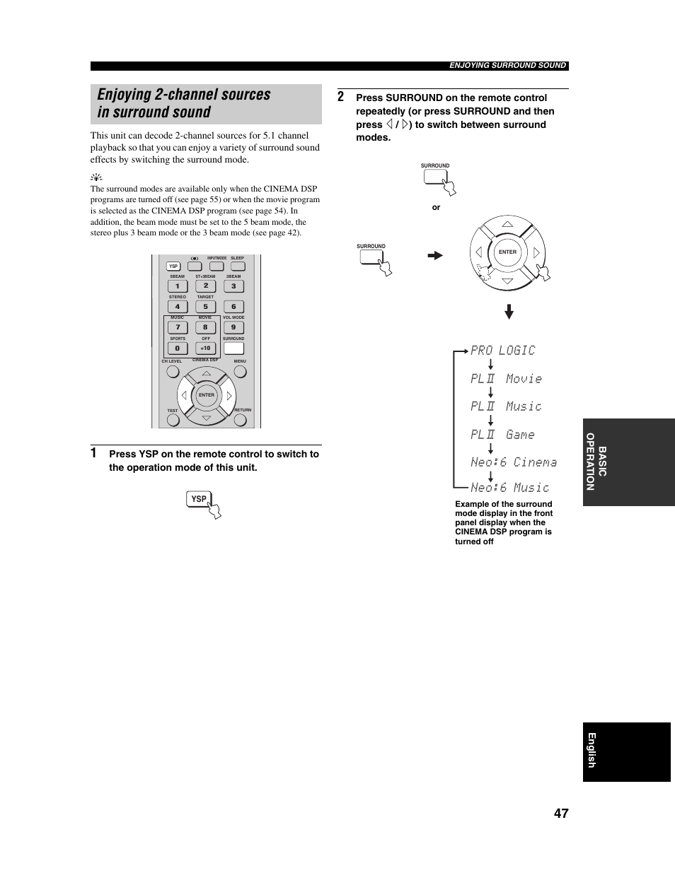 Enjoying 2-channel sources in surround sound | Yamaha Digital Sound Projector YSP-1000 User Manual | Page 49 / 102
