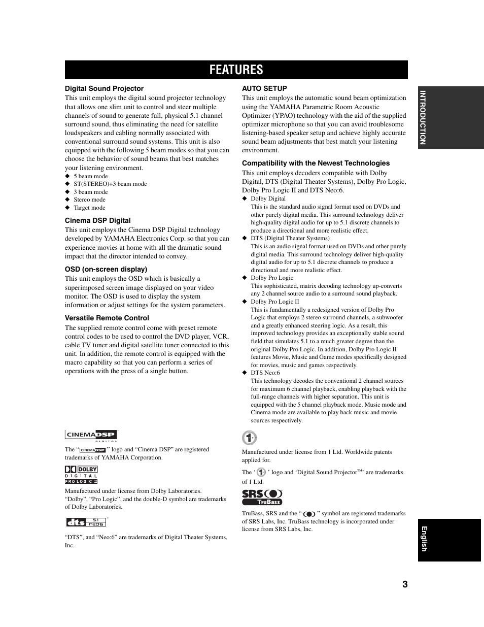 Features | Yamaha Digital Sound Projector YSP-1000 User Manual | Page 5 / 102