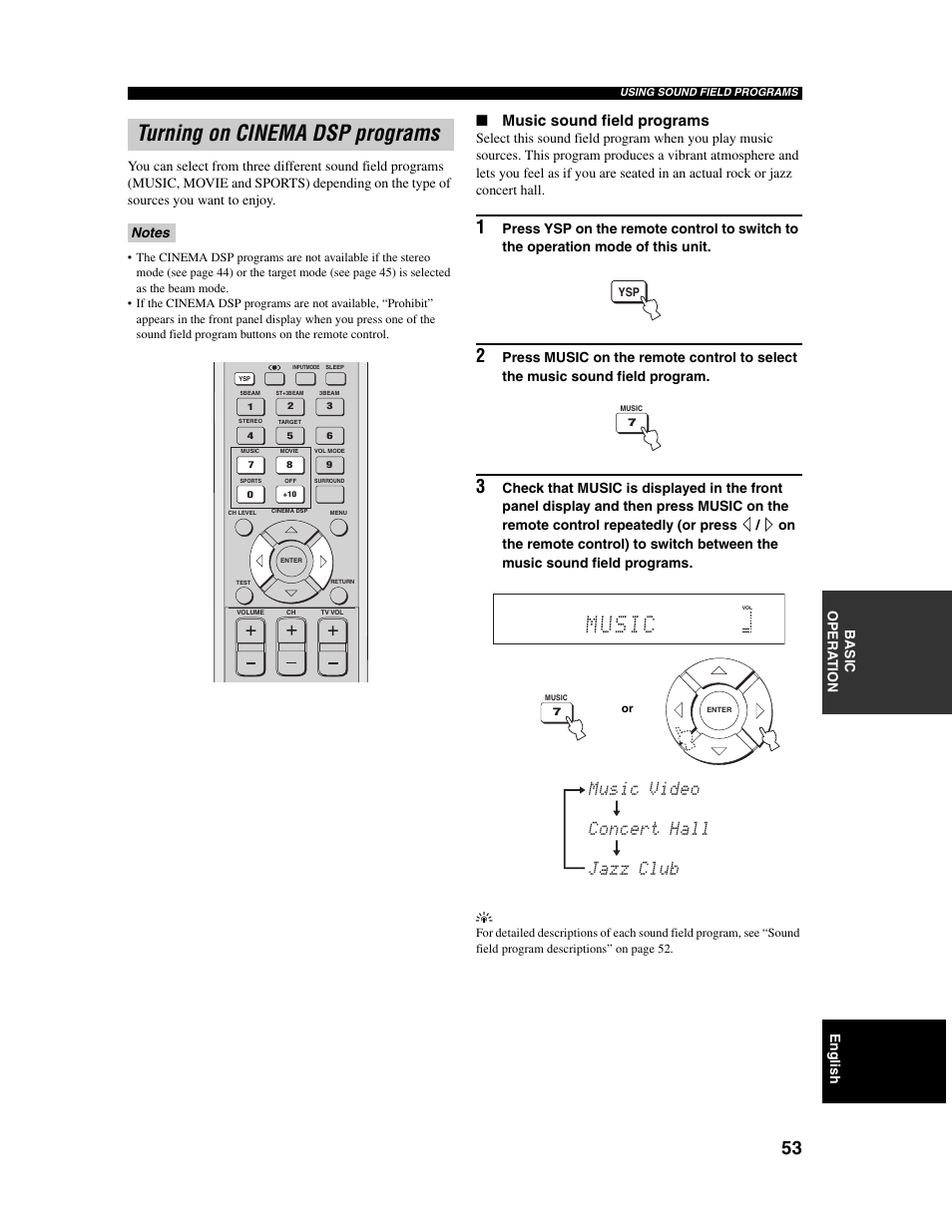 Turning on cinema dsp programs, Music video concert hall jazz club, Music sound field programs | Yamaha Digital Sound Projector YSP-1000 User Manual | Page 55 / 102