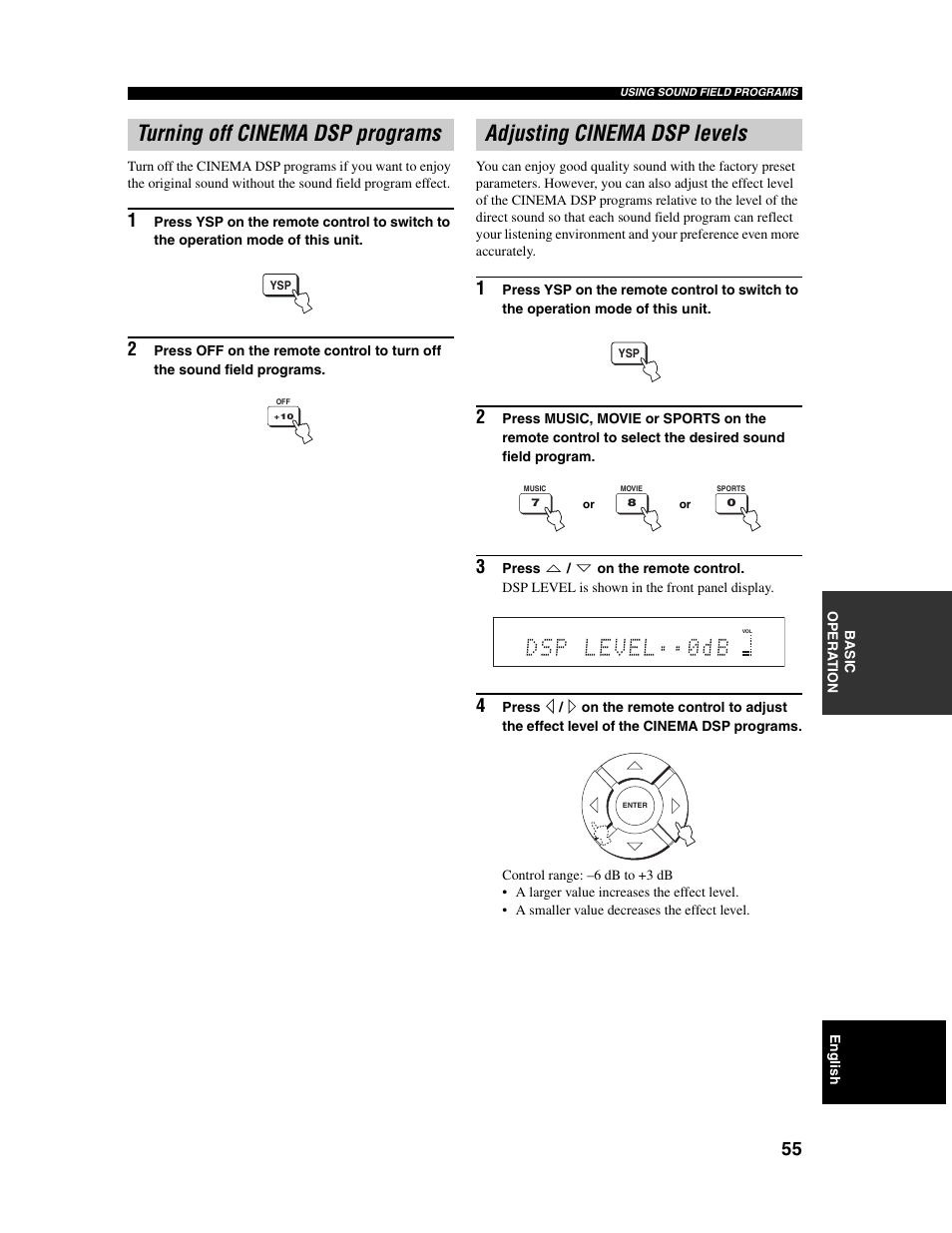 Turning off cinema dsp programs, Adjusting cinema dsp levels | Yamaha Digital Sound Projector YSP-1000 User Manual | Page 57 / 102