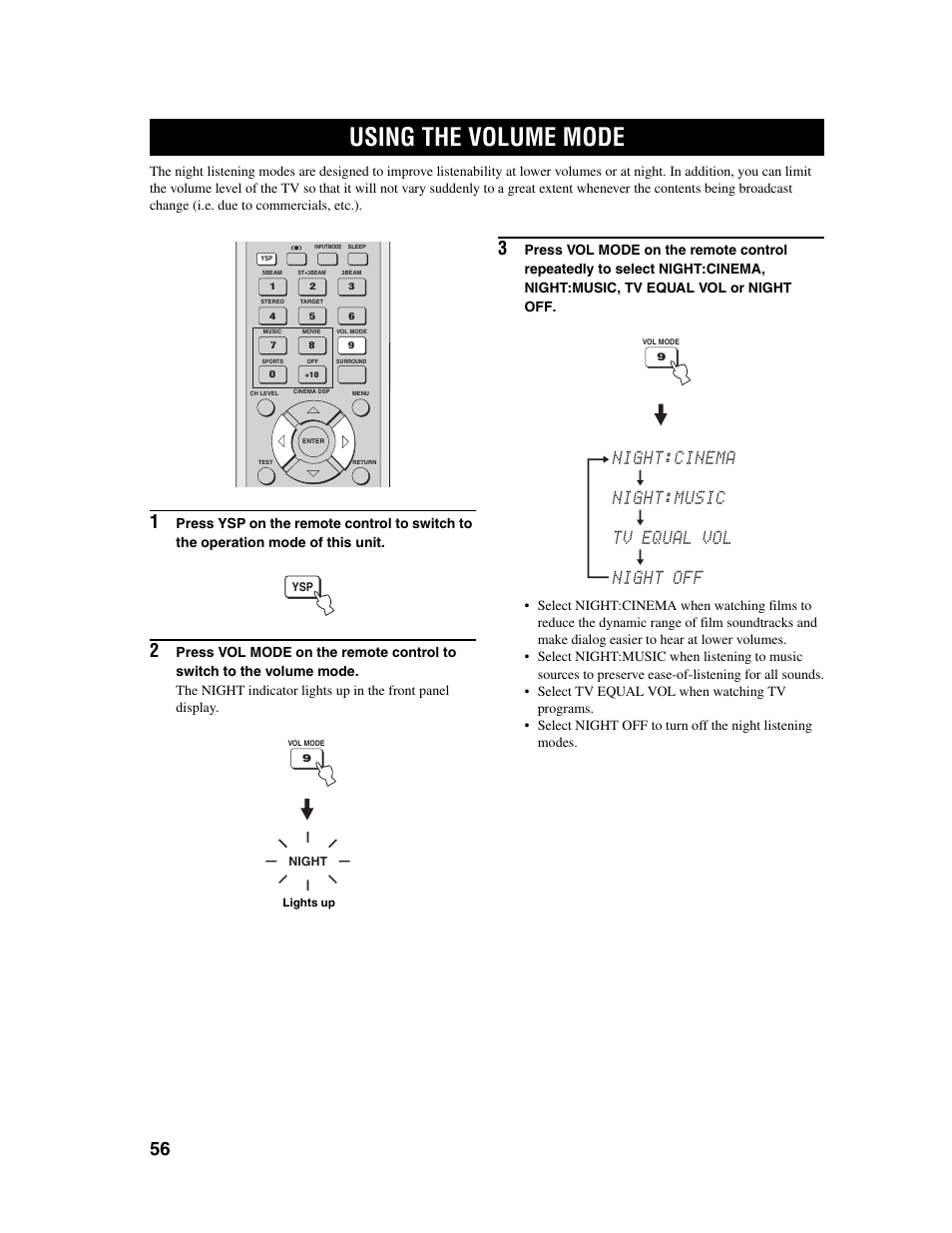 Using the volume mode, Night:cinema night:music tv equal vol night off | Yamaha Digital Sound Projector YSP-1000 User Manual | Page 58 / 102