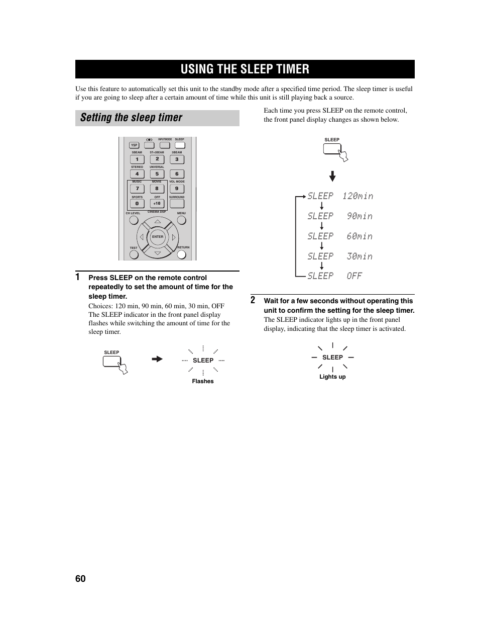 Using the sleep timer, Setting the sleep timer | Yamaha Digital Sound Projector YSP-1000 User Manual | Page 62 / 102