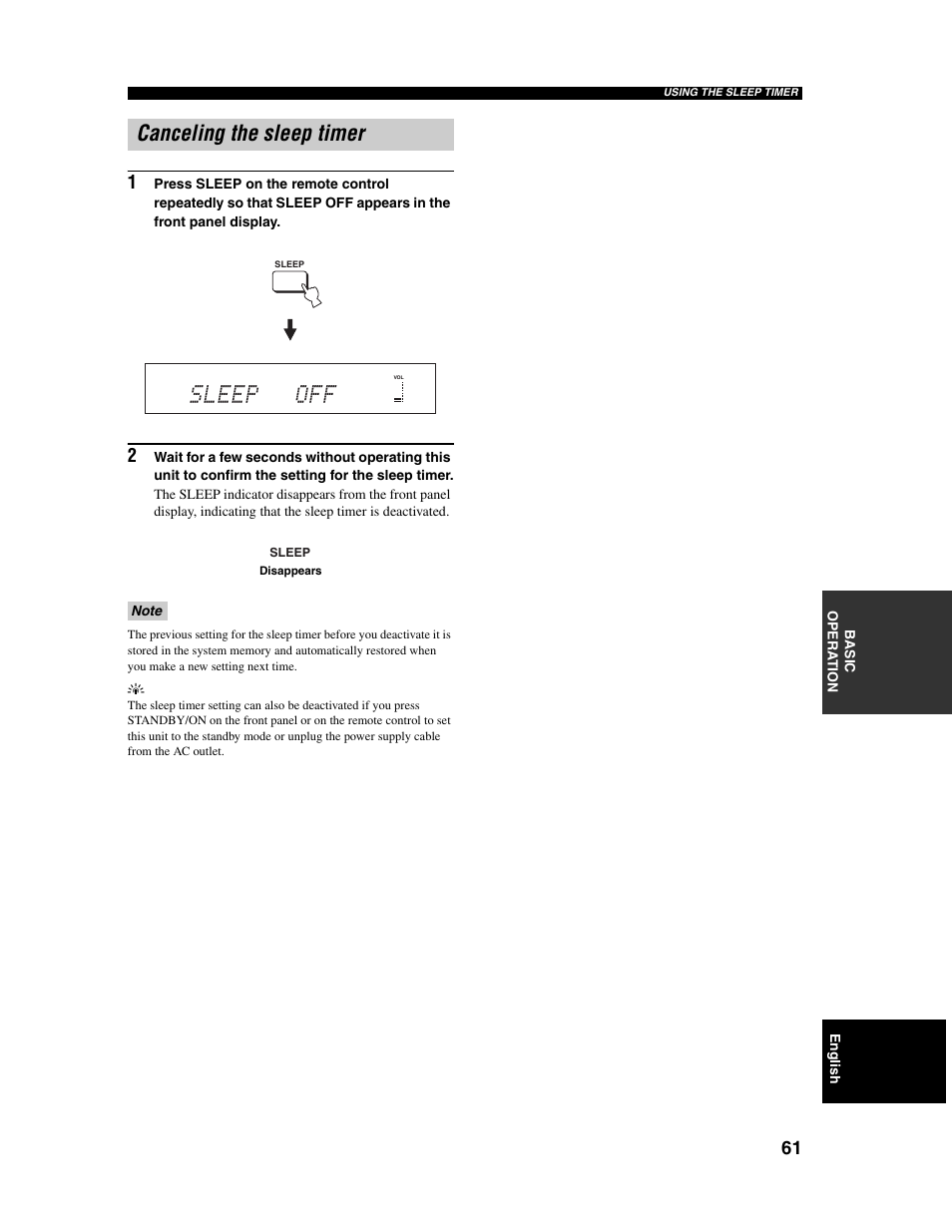 Sleep off, Canceling the sleep timer | Yamaha Digital Sound Projector YSP-1000 User Manual | Page 63 / 102
