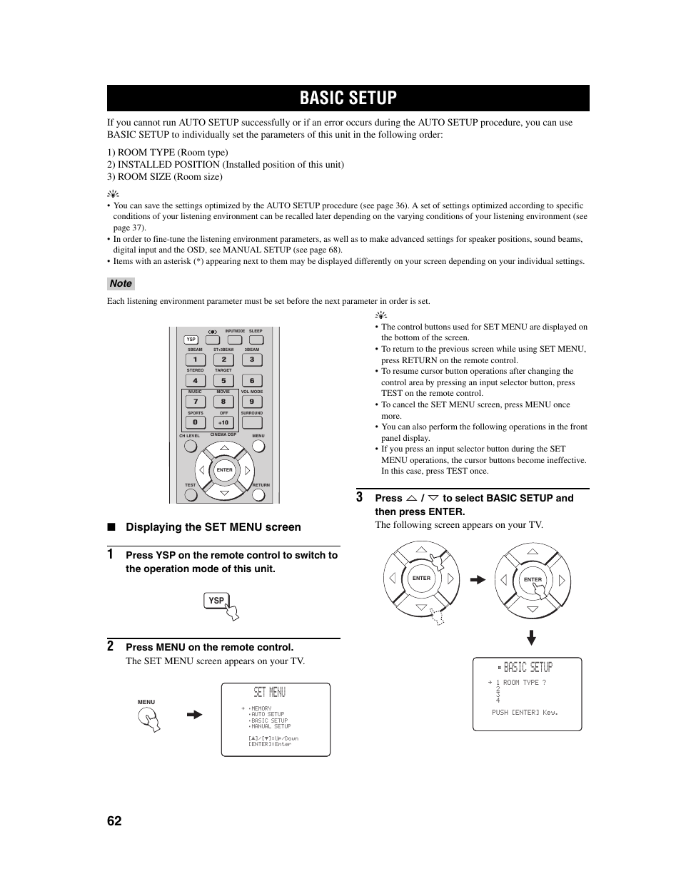 Basic setup, Set menu, Displaying the set menu screen | Yamaha Digital Sound Projector YSP-1000 User Manual | Page 64 / 102