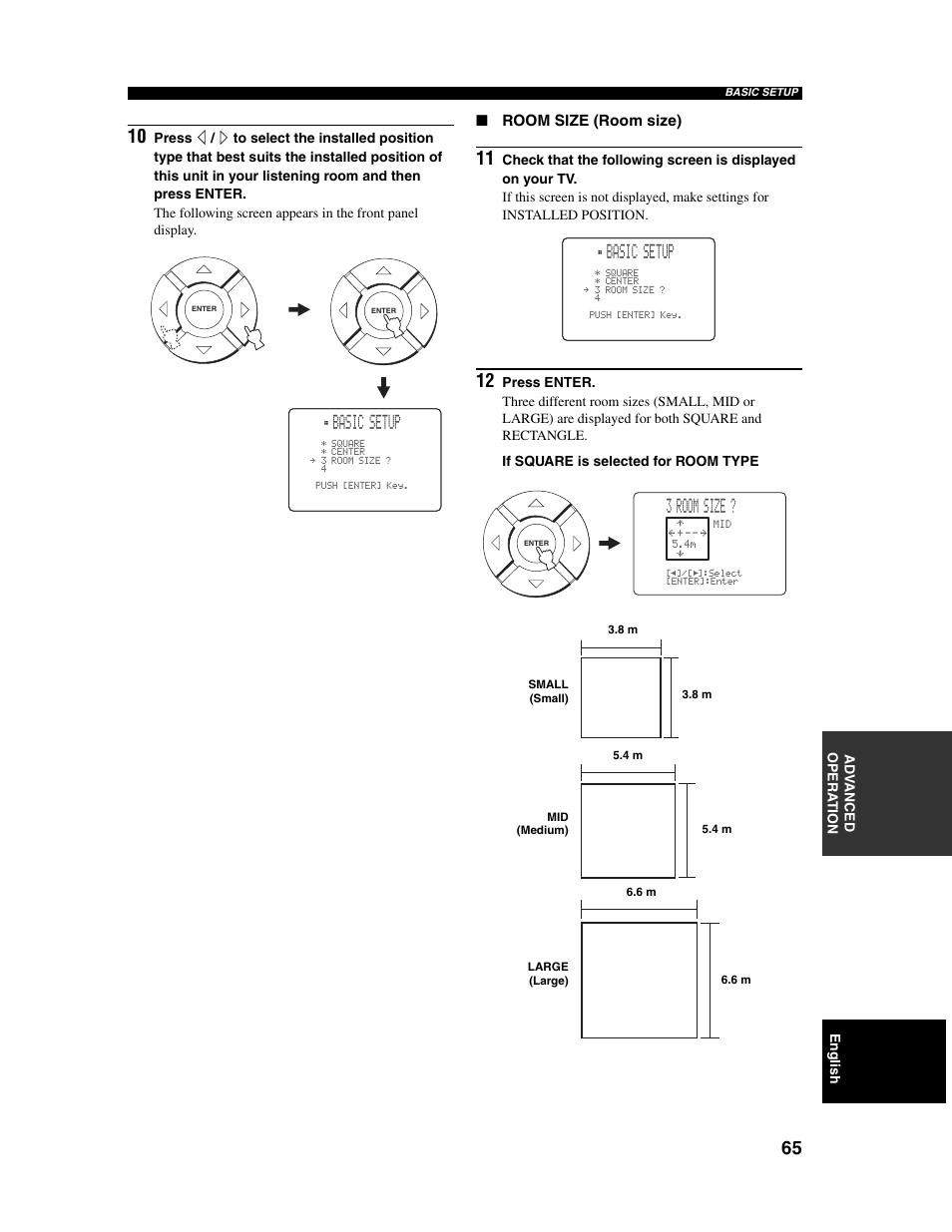 Basic setup, 3 room size, Room size (room size) | Yamaha Digital Sound Projector YSP-1000 User Manual | Page 67 / 102