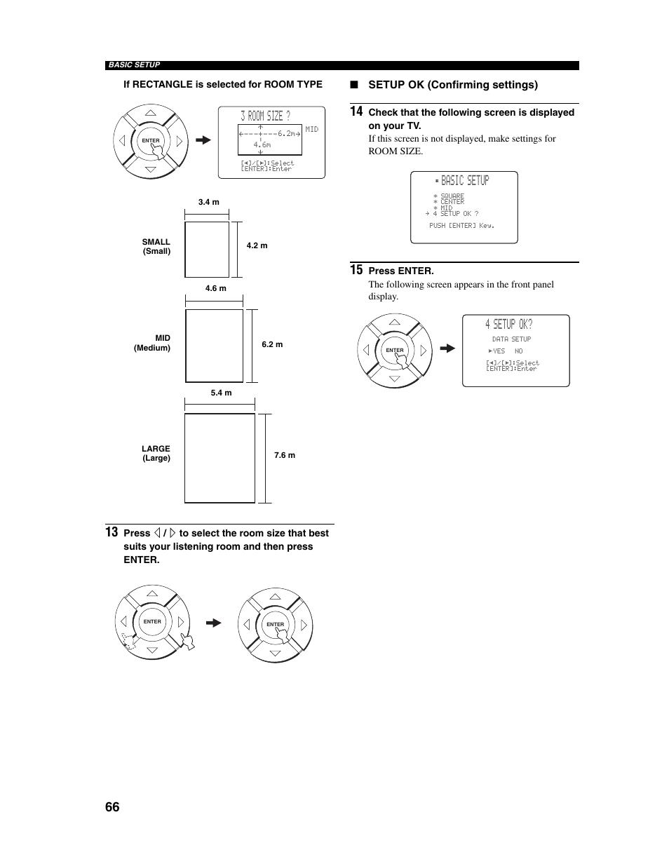 3 room size, Basic setup, 4 setup ok | Setup ok (confirming settings) | Yamaha Digital Sound Projector YSP-1000 User Manual | Page 68 / 102