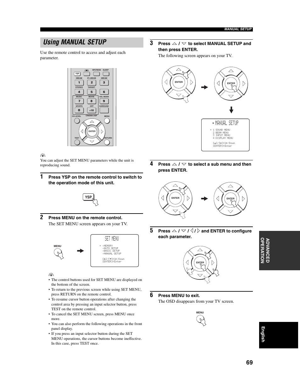 Using manual setup, Set menu, Manual setup | Yamaha Digital Sound Projector YSP-1000 User Manual | Page 71 / 102