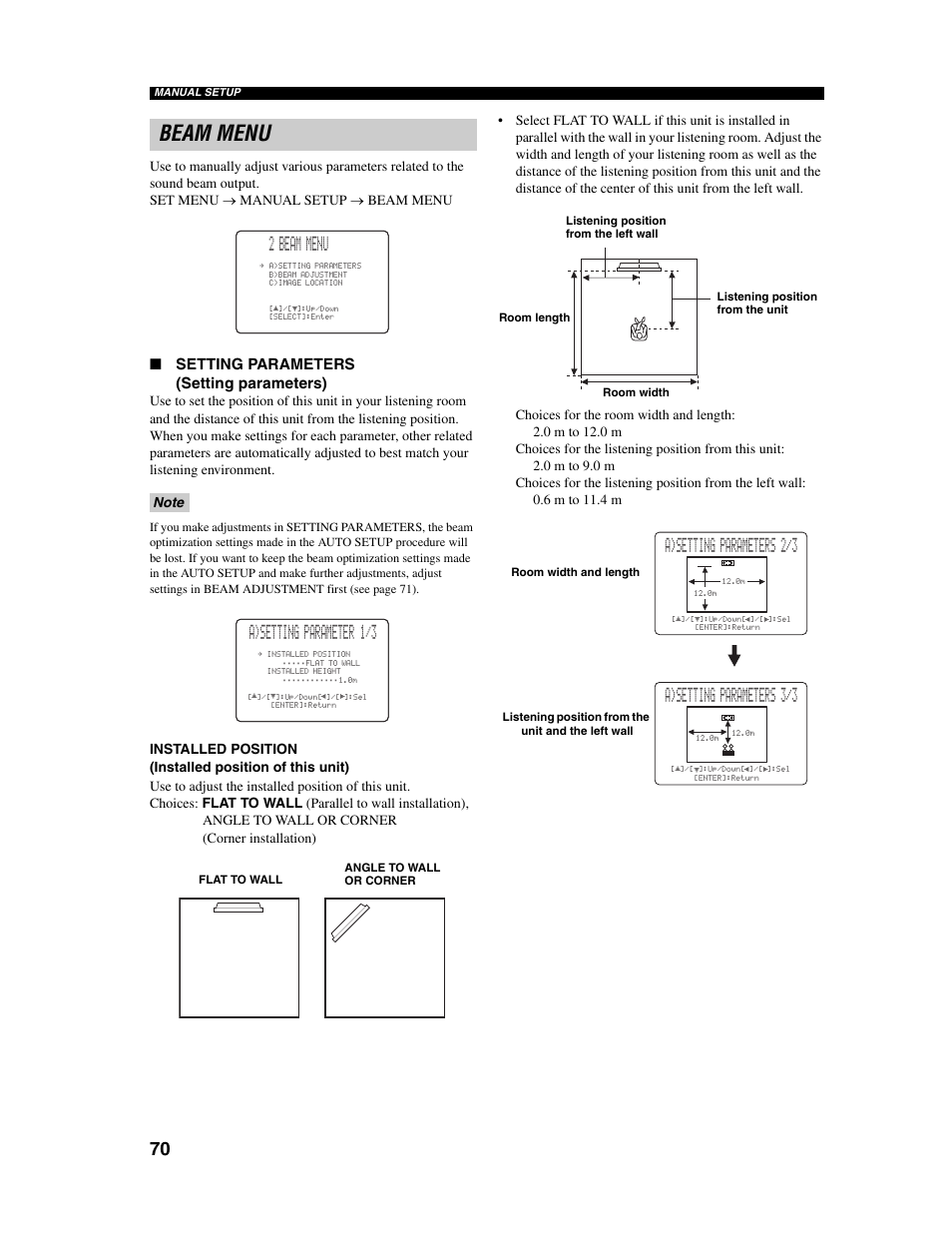 Beam menu, 2 beam menu, A)setting parameter 1/3 | A)setting parameters 2/3, A)setting parameters 3/3, Setting parameters (setting parameters) | Yamaha Digital Sound Projector YSP-1000 User Manual | Page 72 / 102