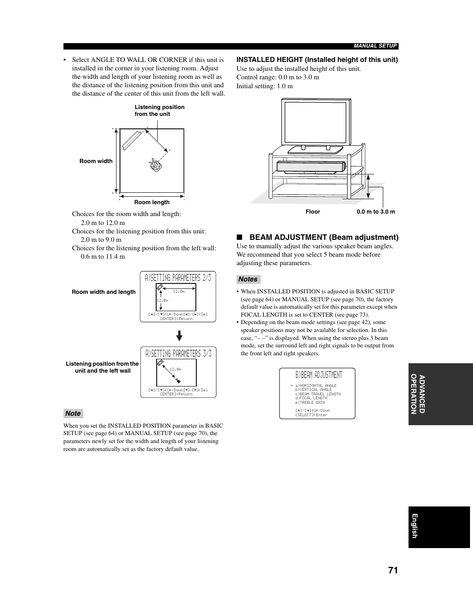 A)setting parameters 2/3, A)setting parameters 3/3, B)beam adjustment | Yamaha Digital Sound Projector YSP-1000 User Manual | Page 73 / 102