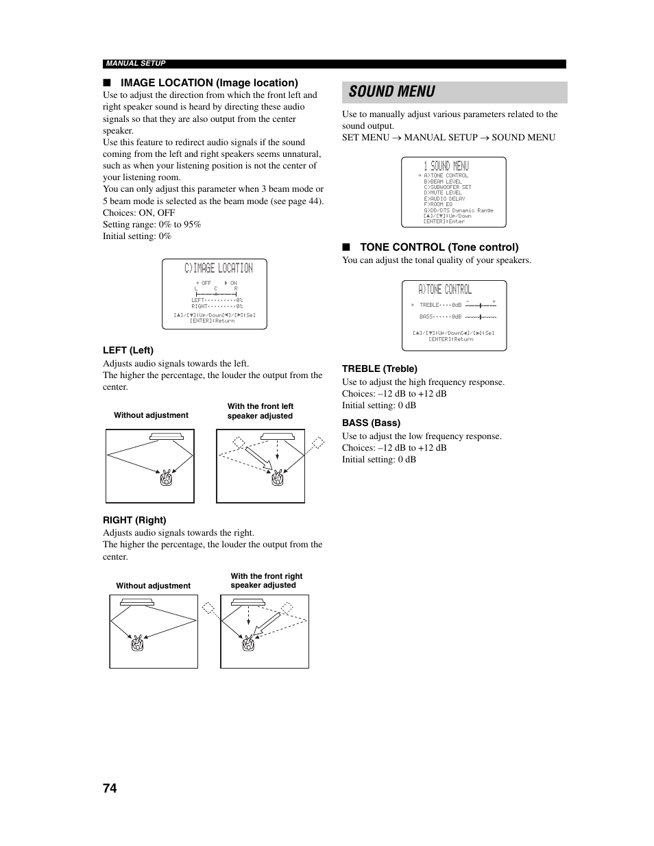 Sound menu, C)image location, 1 sound menu | A)tone control, Image location (image location), Tone control (tone control) | Yamaha Digital Sound Projector YSP-1000 User Manual | Page 76 / 102