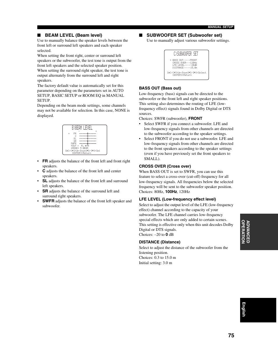 B)beam level, C)subwoofer set, Beam level (beam level) | Subwoofer set (subwoofer set) | Yamaha Digital Sound Projector YSP-1000 User Manual | Page 77 / 102
