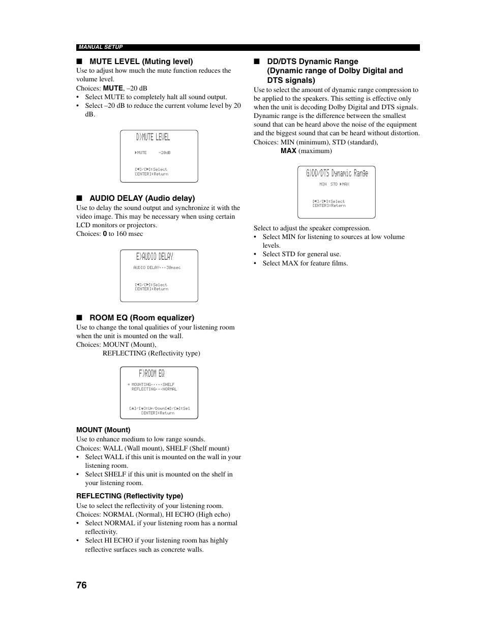 D)mute level, E)audio delay, F)room eq | G)dd/dts dynamic range, Mute level (muting level), Audio delay (audio delay), Room eq (room equalizer) | Yamaha Digital Sound Projector YSP-1000 User Manual | Page 78 / 102