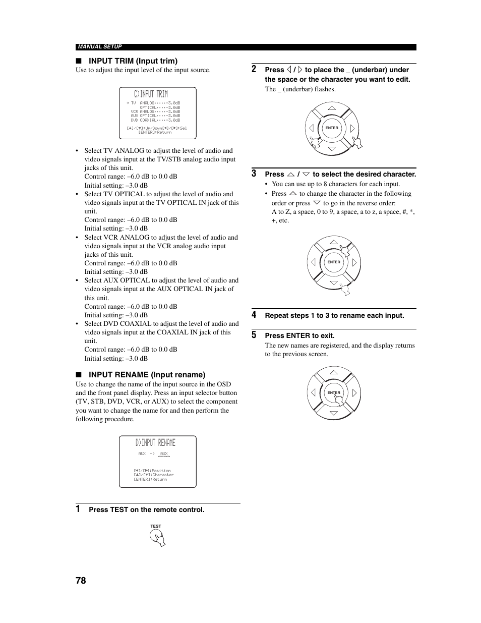 C)input trim, D)input rename, Input trim (input trim) | Input rename (input rename) | Yamaha Digital Sound Projector YSP-1000 User Manual | Page 80 / 102