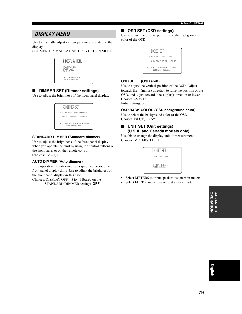 Display menu, 4 display menu, A)dimmer set | B)osd set, C)unit set | Yamaha Digital Sound Projector YSP-1000 User Manual | Page 81 / 102