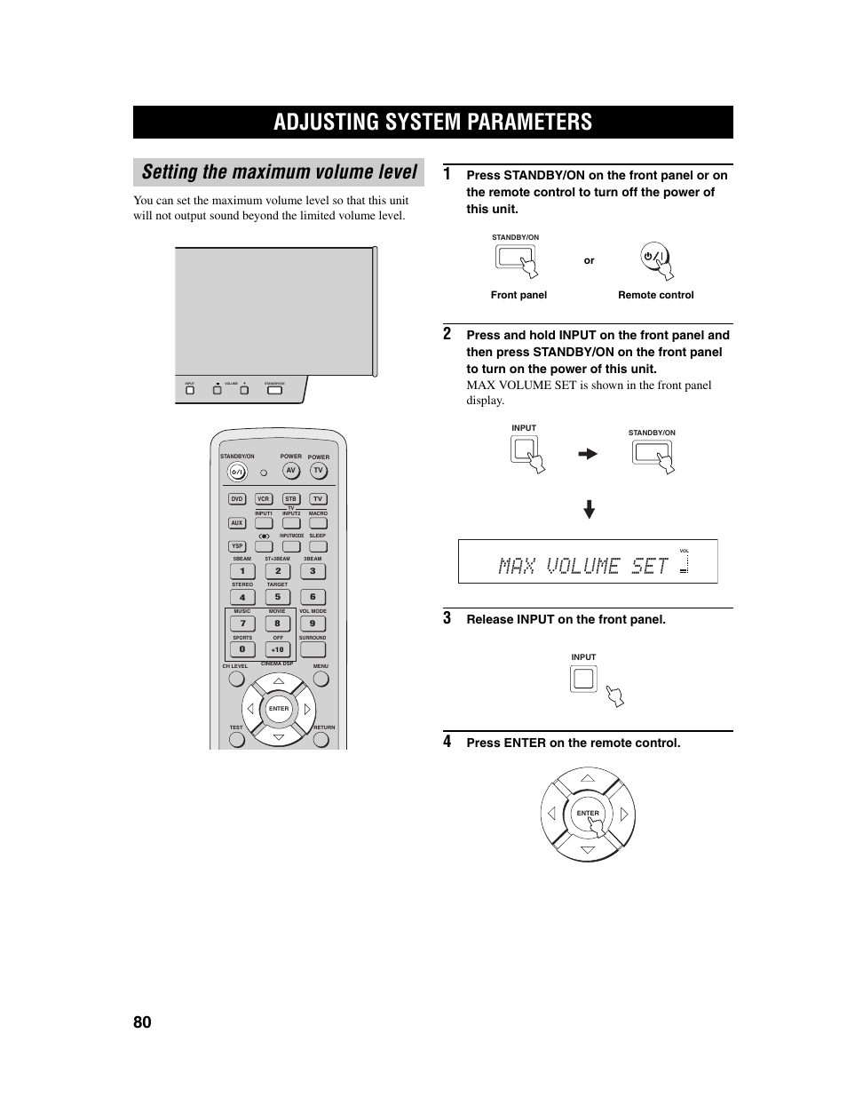 Adjusting system parameters, Max volume set, Setting the maximum volume level | Release input on the front panel, Press enter on the remote control | Yamaha Digital Sound Projector YSP-1000 User Manual | Page 82 / 102