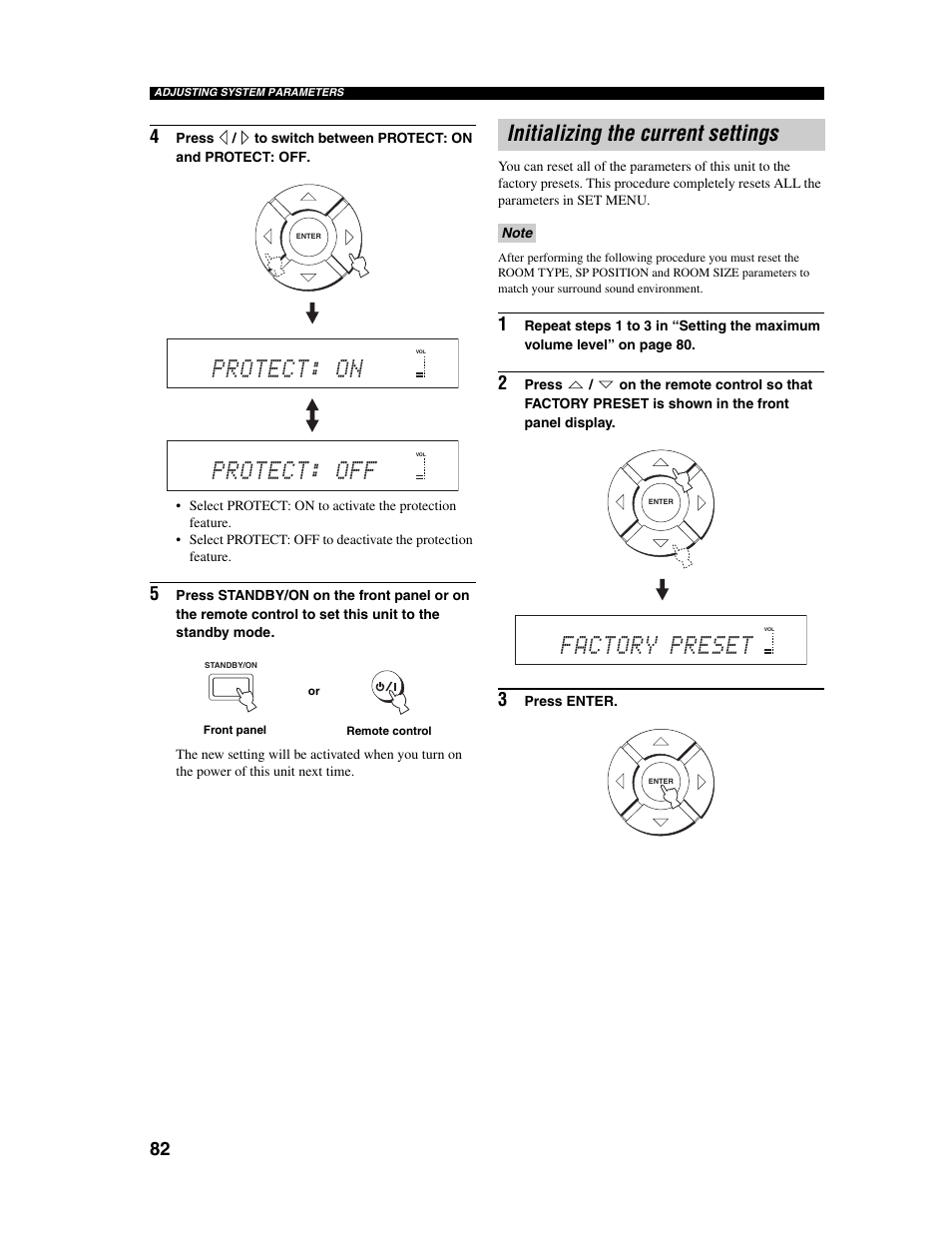 Protect: on, Protect: off, Factory preset | Initializing the current settings | Yamaha Digital Sound Projector YSP-1000 User Manual | Page 84 / 102