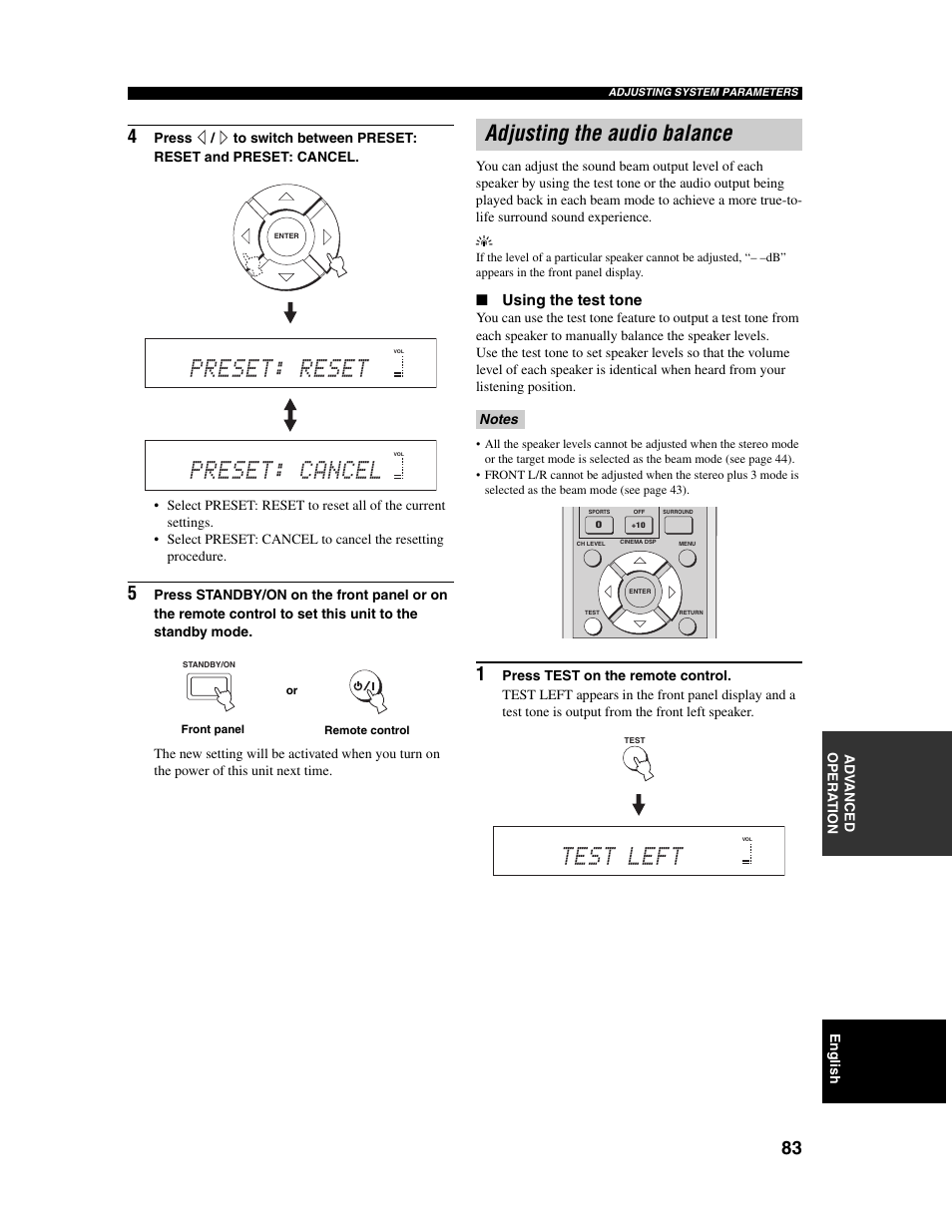 Preset: reset, Preset: cancel, Test left | Adjusting the audio balance | Yamaha Digital Sound Projector YSP-1000 User Manual | Page 85 / 102