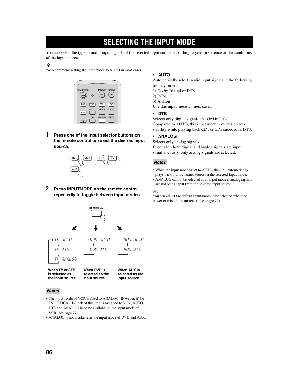 Selecting the input mode | Yamaha Digital Sound Projector YSP-1000 User Manual | Page 88 / 102