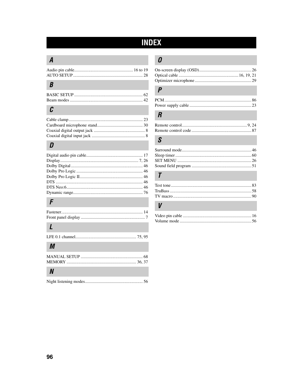 Index | Yamaha Digital Sound Projector YSP-1000 User Manual | Page 98 / 102