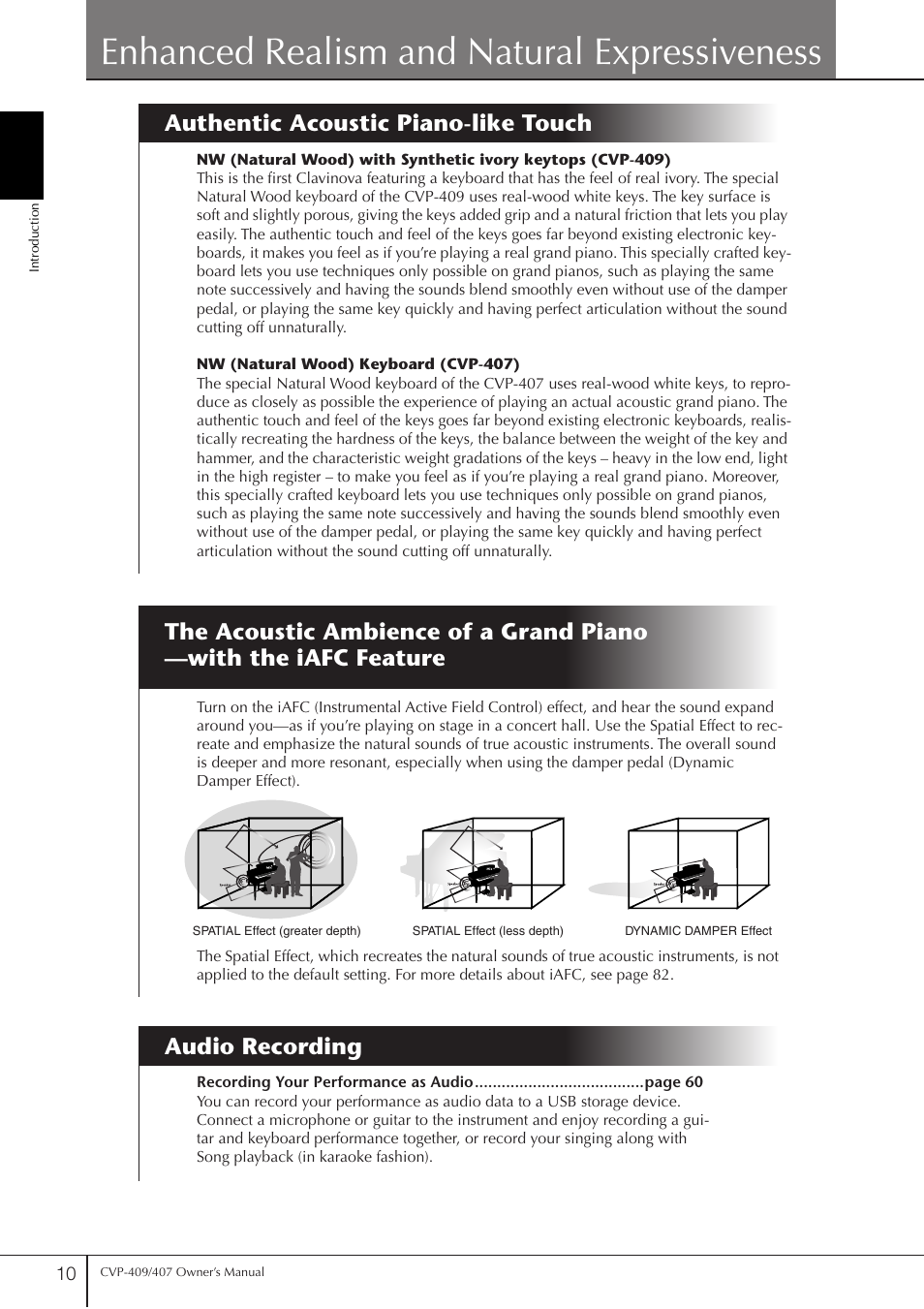 Enhanced realism and natural expressiveness, Authentic acoustic piano-like touch, Audio recording | Yamaha CVP-409 User Manual | Page 10 / 226