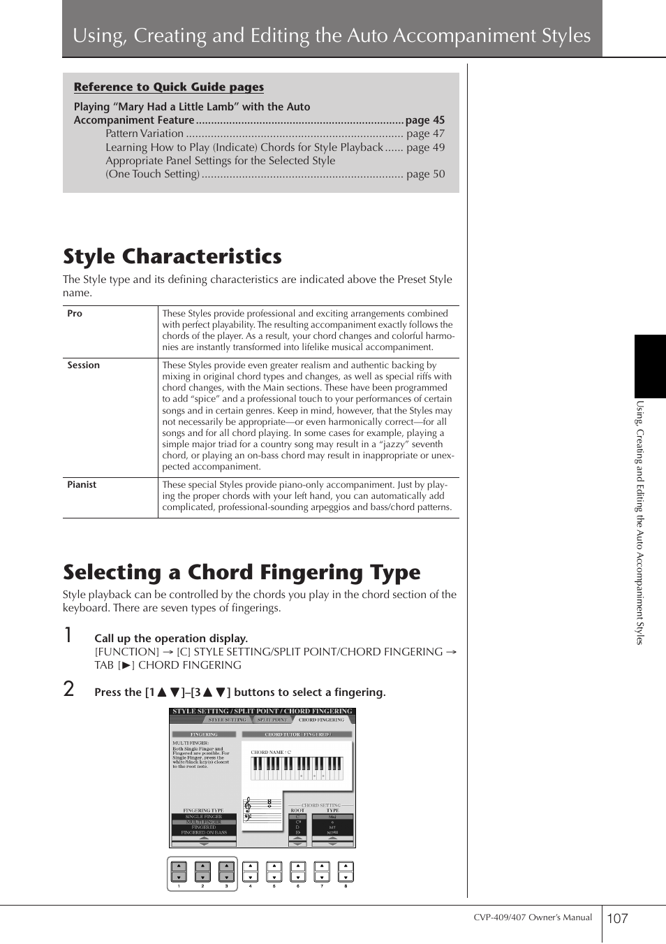 Style characteristics, Selecting a chord fingering type | Yamaha CVP-409 User Manual | Page 107 / 226